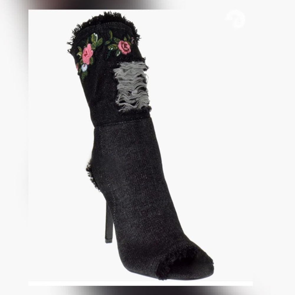 🖤Black Denim Peep Toe Floral Stiletto Booties😍🔥